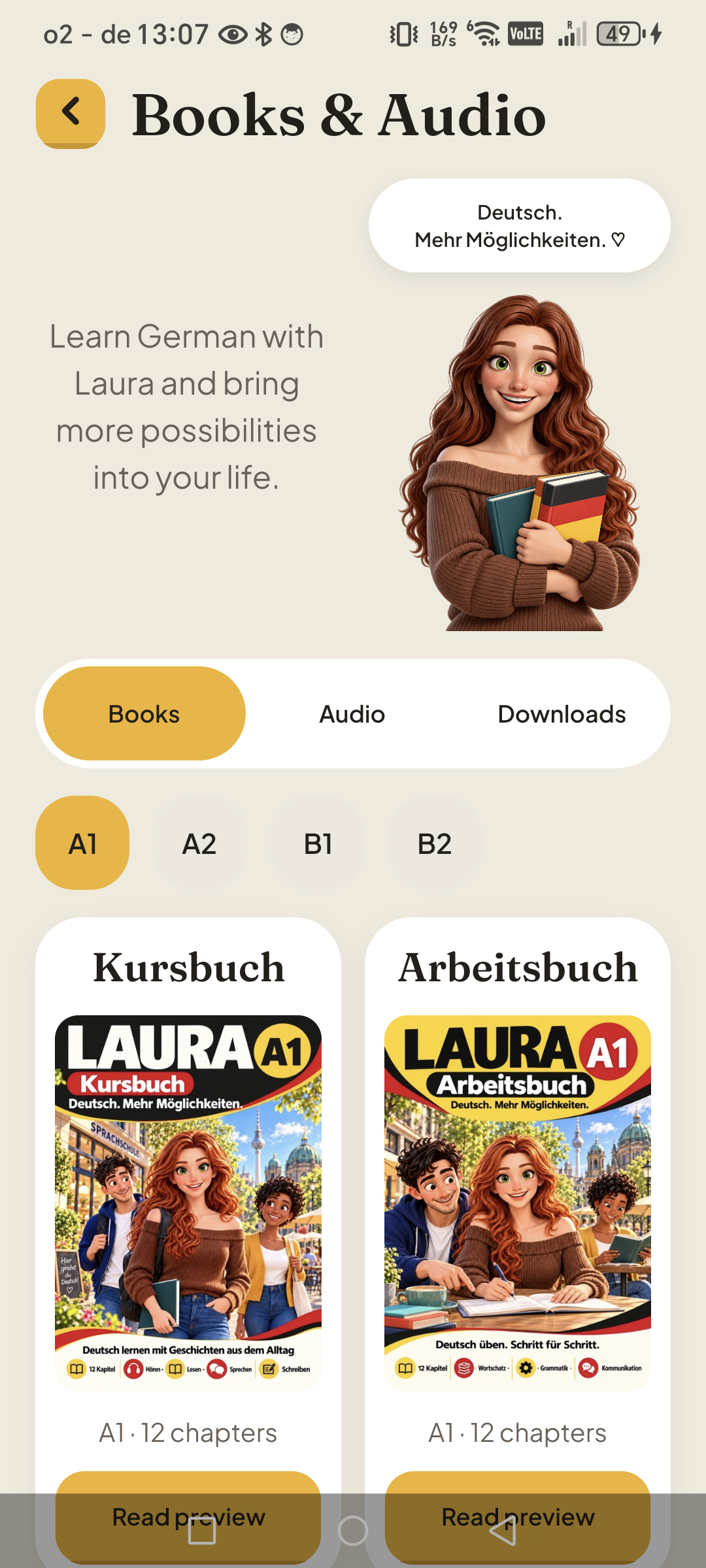 Build 451 Books and Audio library showing A1 coursebook and workbook